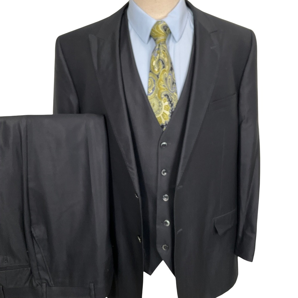 Tiglio Luxe Mens 3pc Suit 48L‎ Black Tufo Formal Church Classic Silk Wool Italy